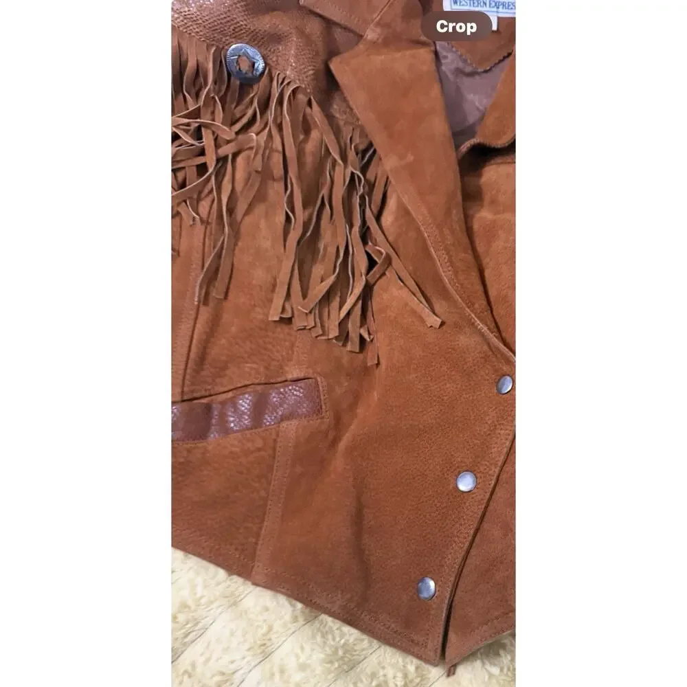 Women’s Vintage 80’s Fringe Leather Jacket Brown Western Express Size Large - Picture 15 of 16